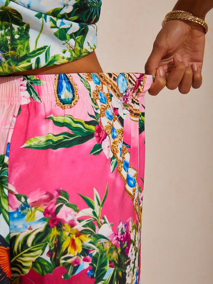 Vacation Jungle Print Straight Satin Wide Leg Pants