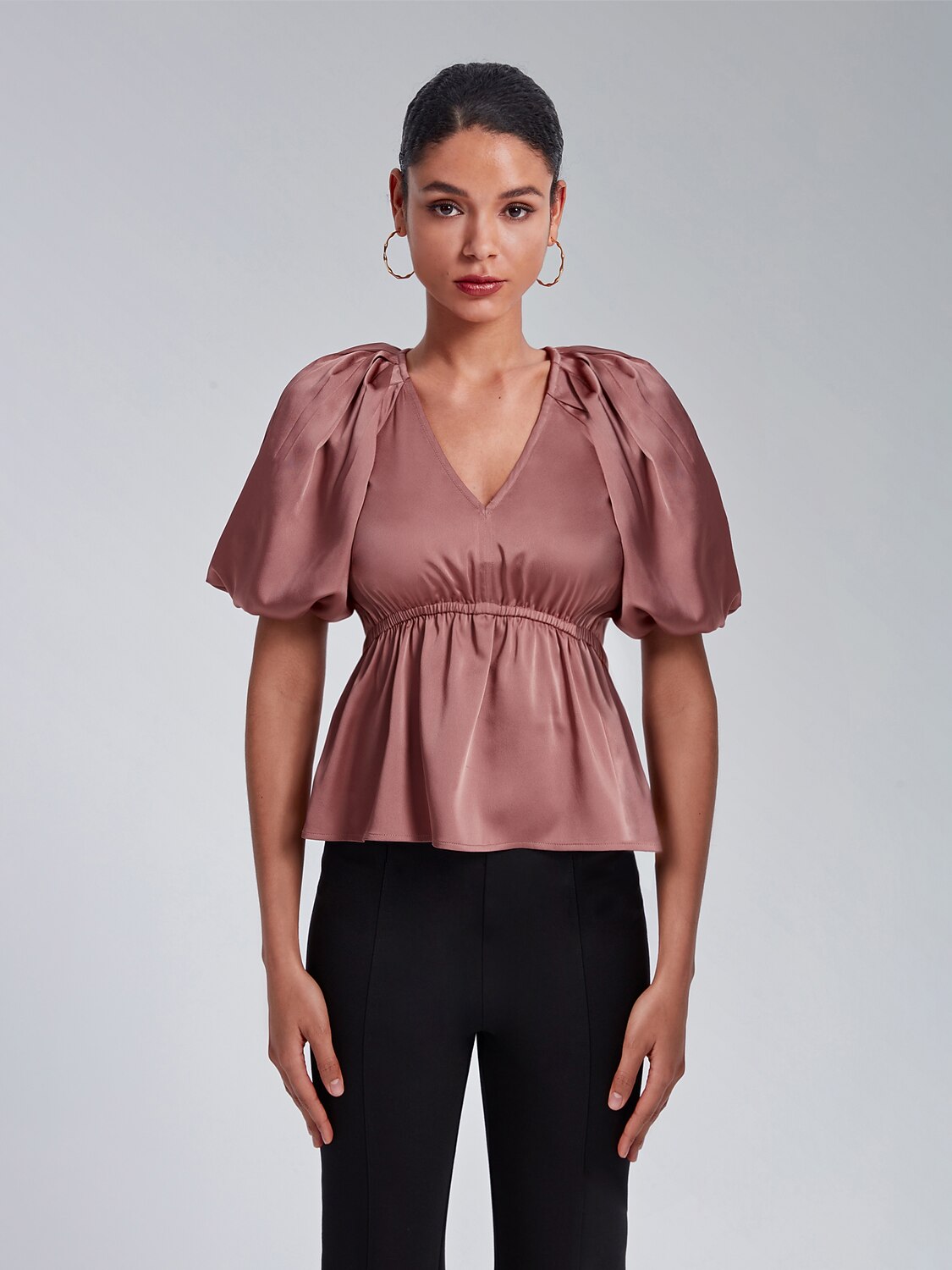 V-Neck Puff Sleeve Peplum Top