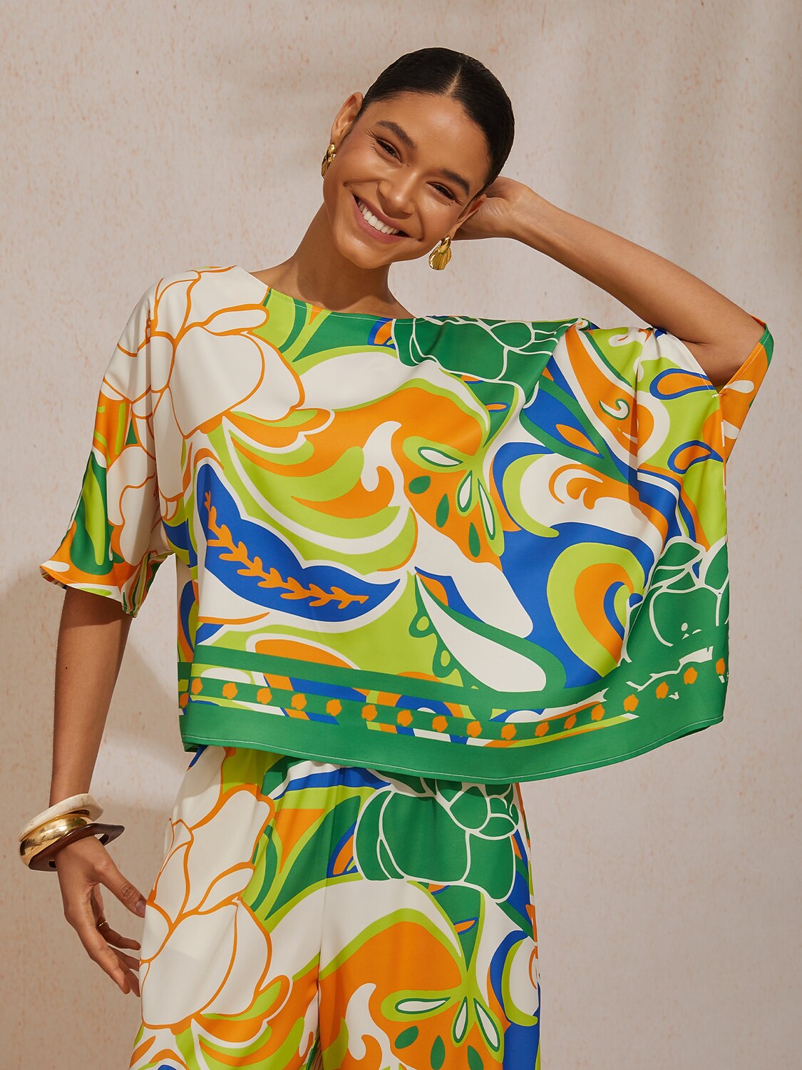 Summer Night Palm Silky Satin Dolman Sleeve Top