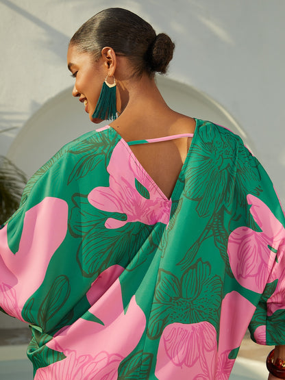 Vacation Contrast Geometric Print Dolman Sleeve Satin Top