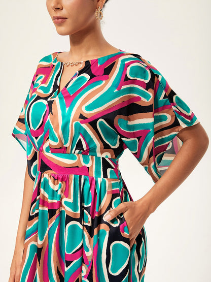 Colorful Abstract Batwing Sleeve Cinched Satin Dress