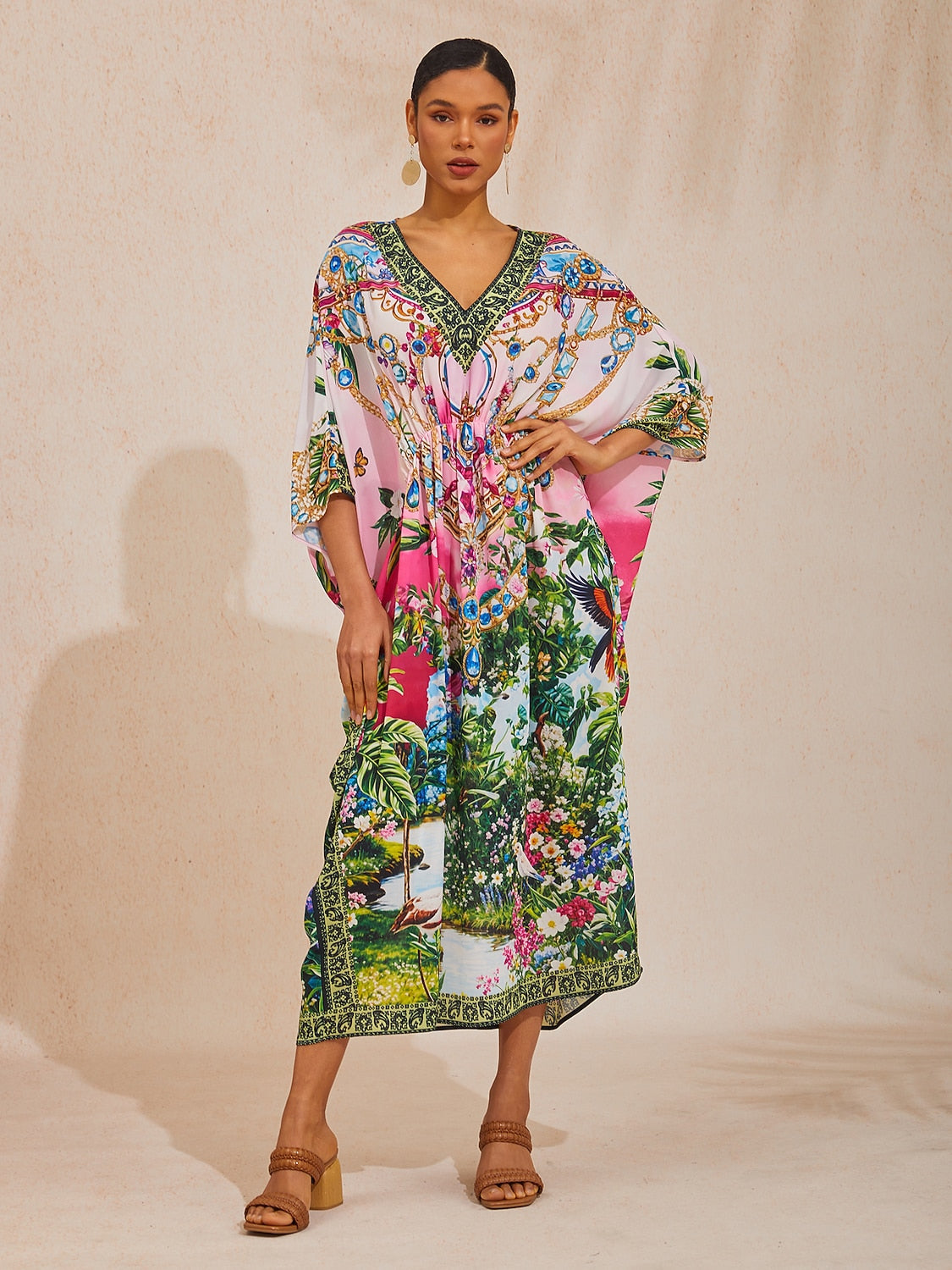 Vacation Floral Chain Print Dolman Sleeve Chiffon Maxi Dress
