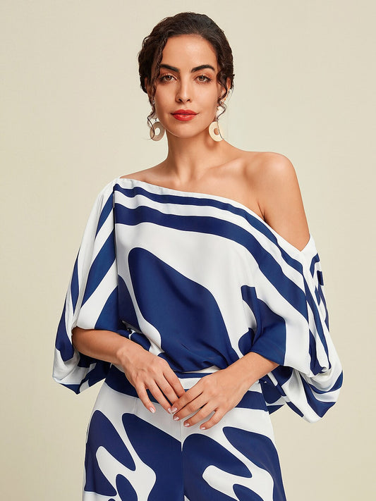 Satin Abstract Puff Sleeve Bateau Blouse