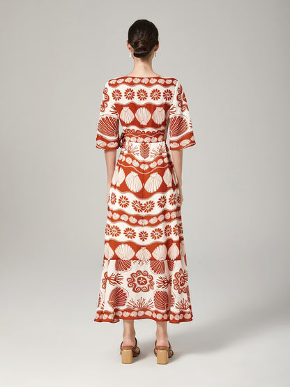 Ocean Elements Print Vacation Style Satin V-Neck Dress