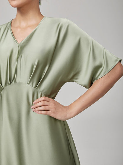Elegant Pleat V-Neck Dolman Sleeves Satin Dress