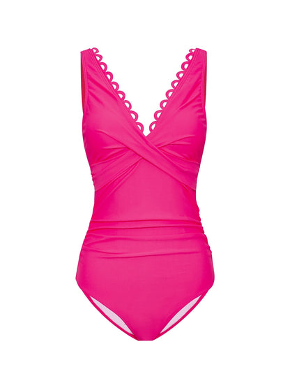 Triangle V-Neck Petal Border One-Piece Vacation Swimsuit