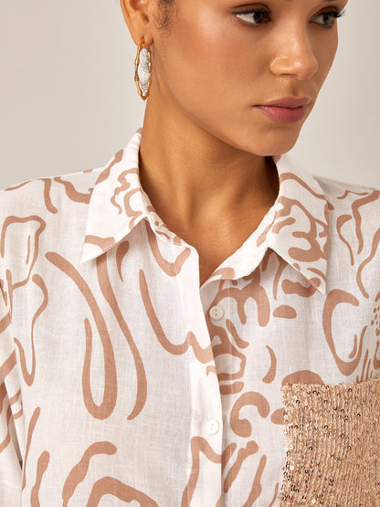 Sequin Apricot Curve Pocket Roll Up Maxi Shirt Dress