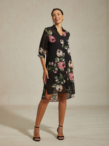 Mini Dress Shirt Collar Chiffon Black Floral Print