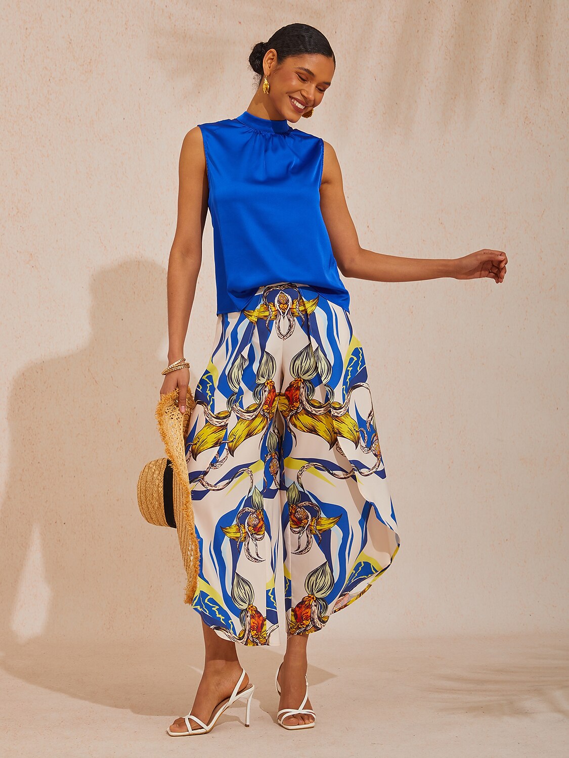 Vacation Stand Collar Ruched Satin Sleeveless Top