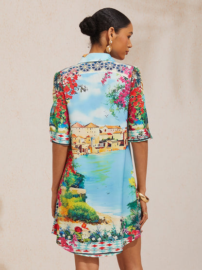 Vacation Scenic Floral Print Straight Satin Shirt Dress