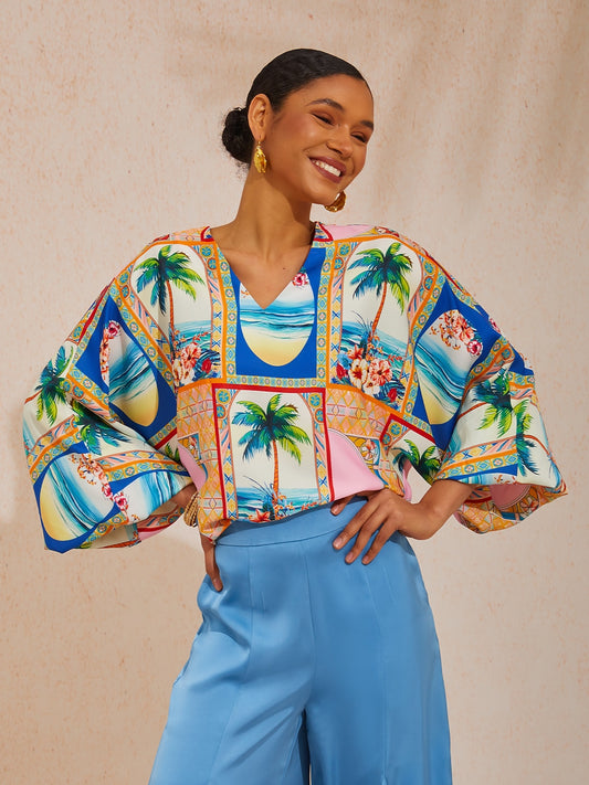 Vacation Geometric Floral Print Dolman Sleeve Satin Top