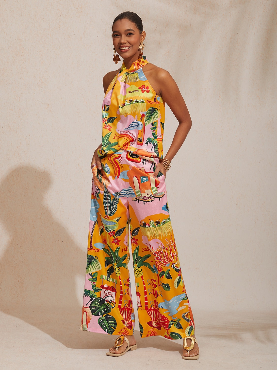 Vacation Beach Floral Print Halter Satin Top