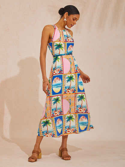 Vacation Geometric Floral Print Waist-cinching Sleeveless Satin Maxi Dress