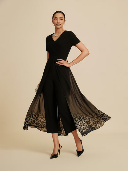 Paneled Design Faux Flowy Sheer Stretch Fabric Jumpsuit