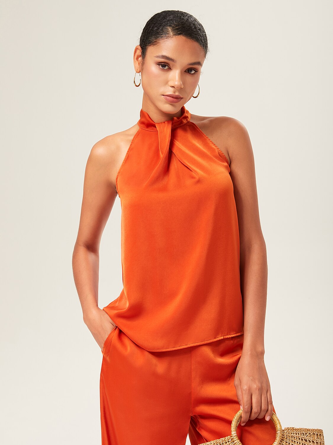 Satin Orange Stand Collar Wide Leg Pants Set