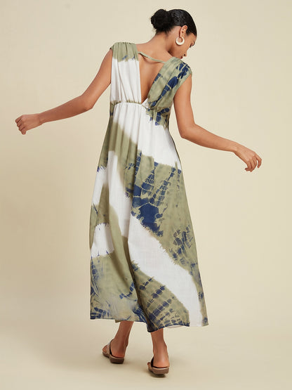 Linen-Like Tie-dye Print Vacation Style Sleeveless Maxi Dress