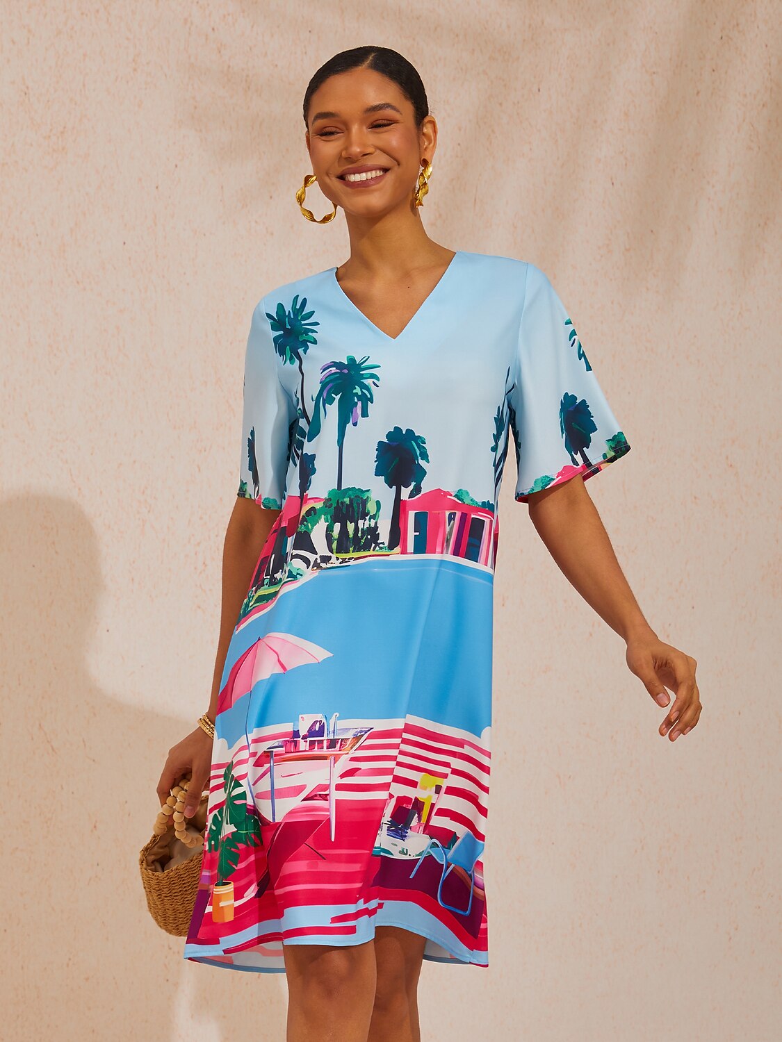 Vacation Print Satin Short Sleeves Mini Dress