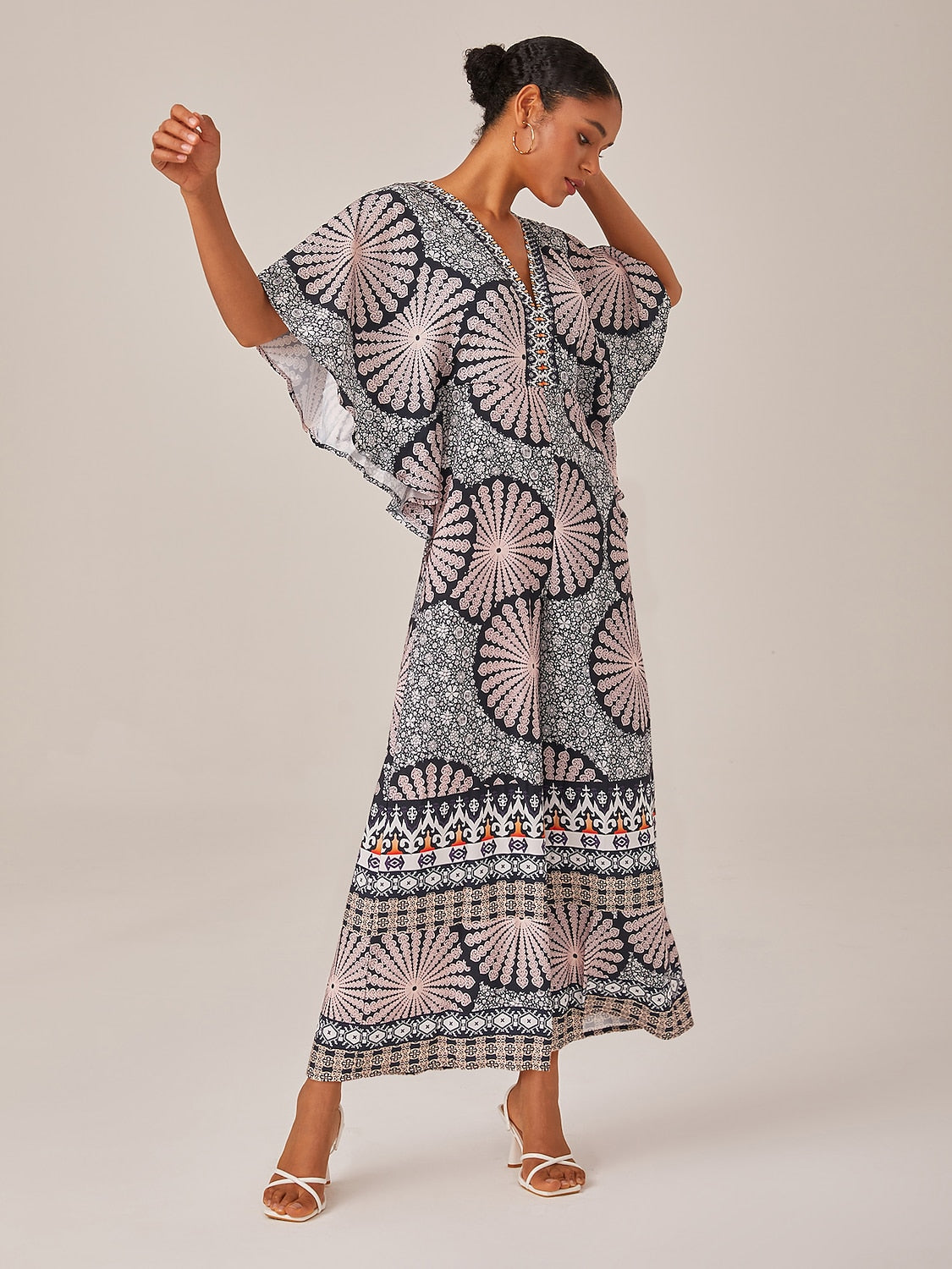 Satin Folk Print Magyar Deep umpsuit