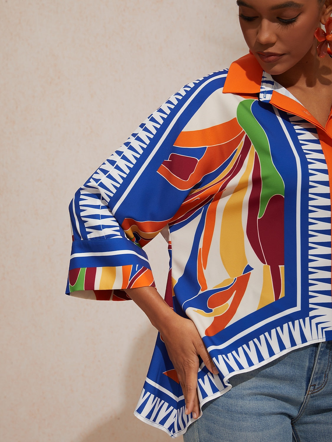 Vacation Geometric Color Block Print Batwing Sleeve Satin Short Shirt