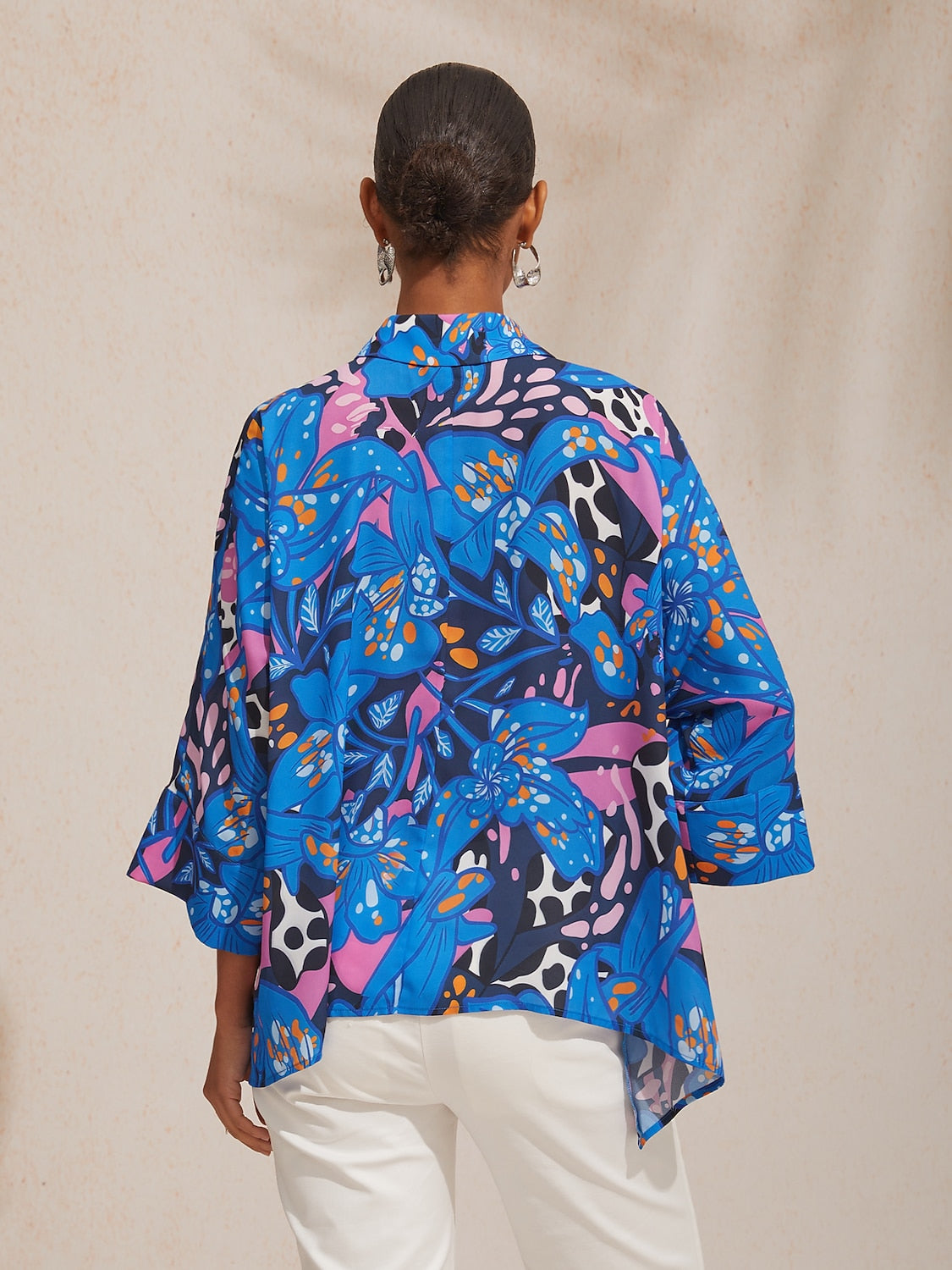 Vacation Color Dot Floral Dolman Sleeve Satin Shirt