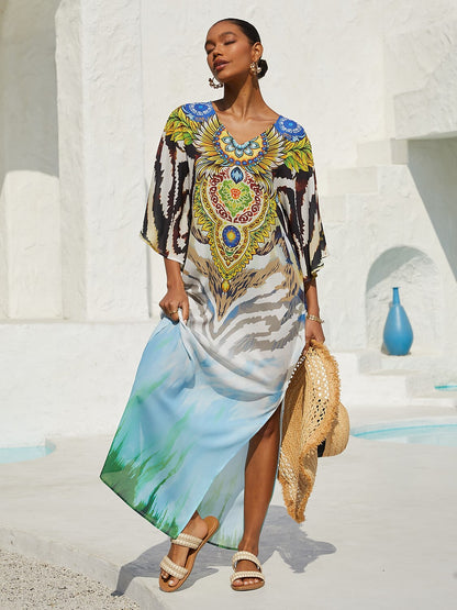 Vacation Gradient Leopard Motif Batwing Sleeve Slit Chiffon Maxi Dress