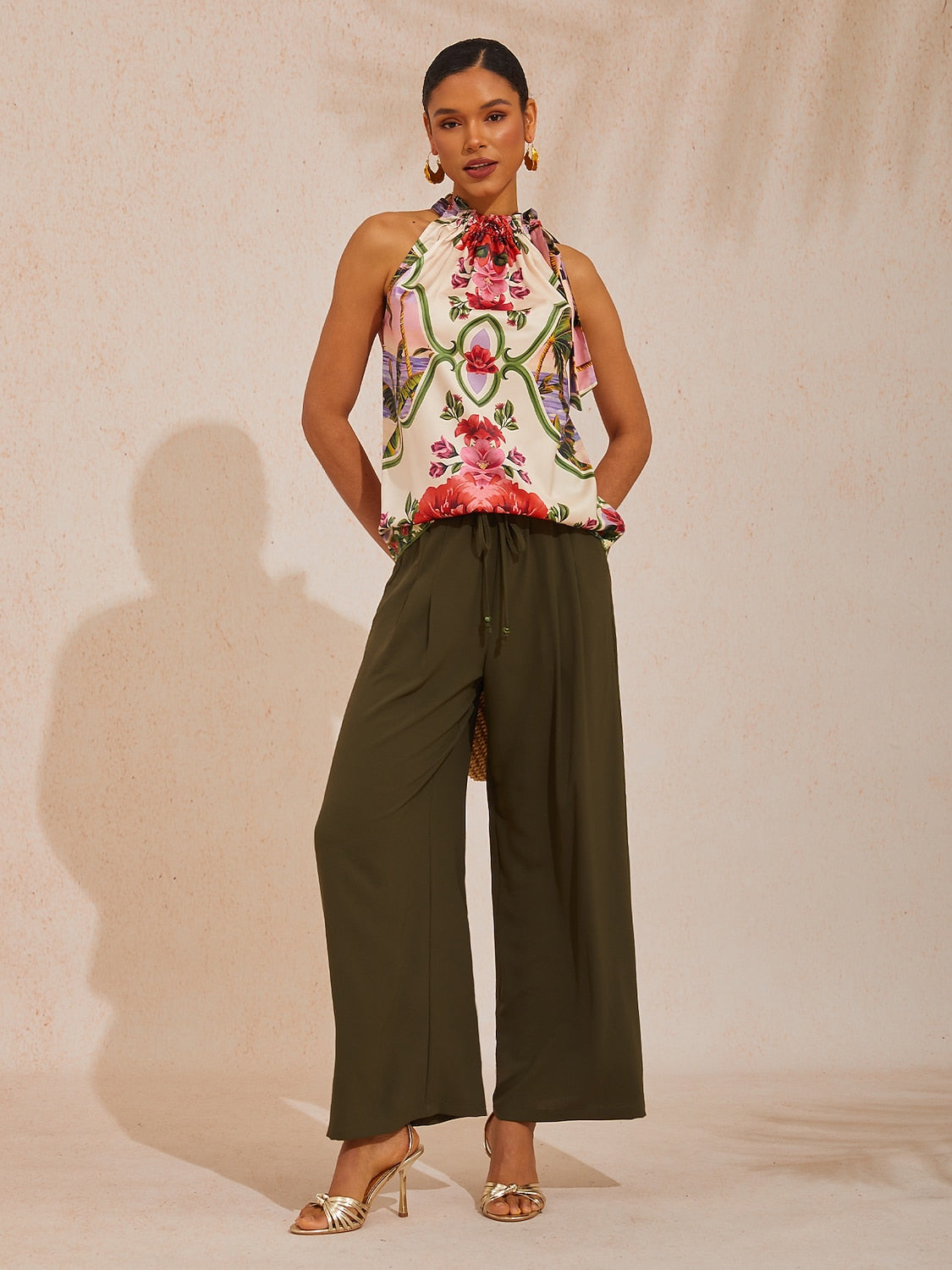 Vacation Placement Floral Stand Collar Shirred Satin Top