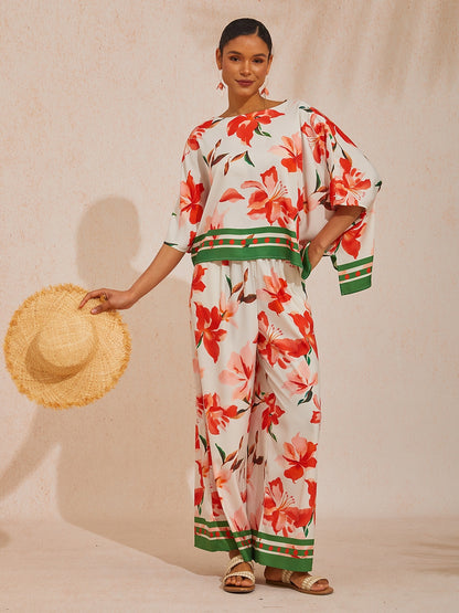 Vacation Color-Block Floral Elastic Waist Satin Wide leg Pants