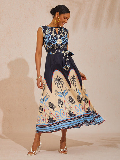 Vacation Color Block Geometric Floral Waist Cinching Satin Maxi Dress