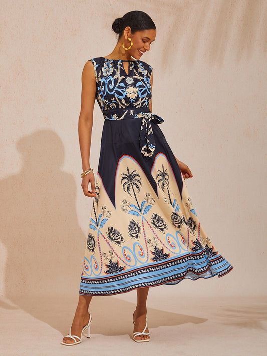 Vacation Color Block Geometric Floral Waist Cinching Satin Maxi Dress