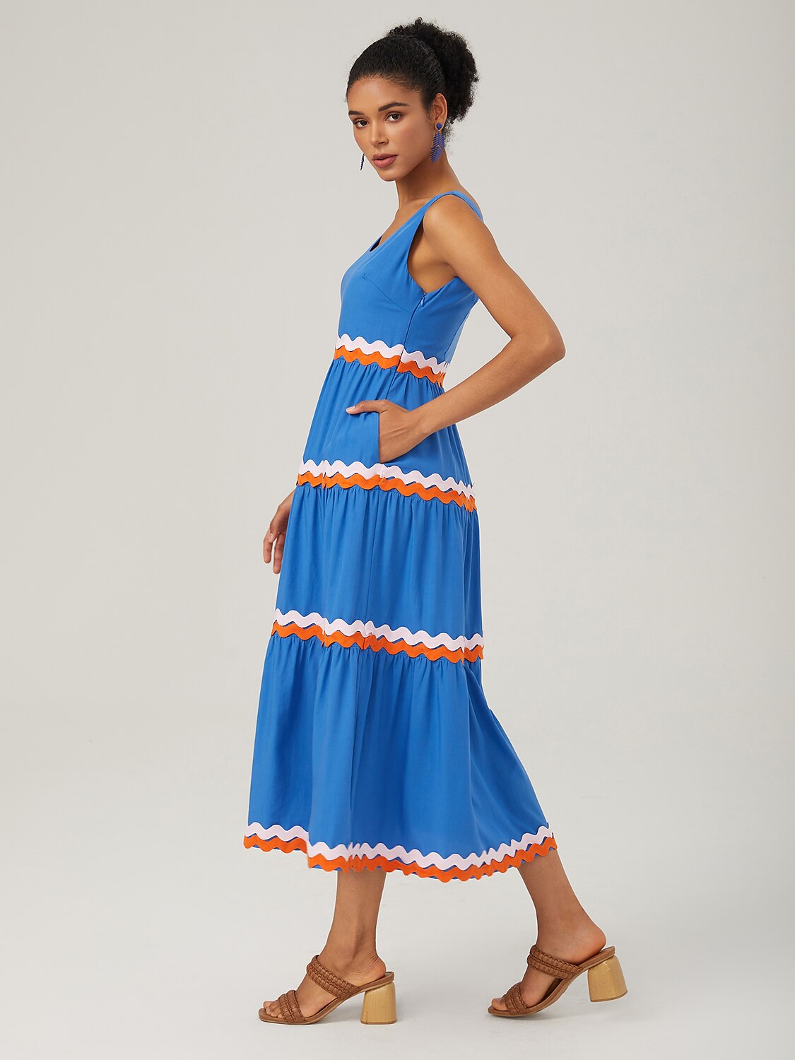 Tencel Layered Ruched Color-Block Webbing Dress
