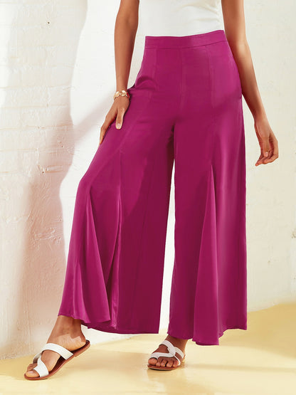 Wide Leg Pants Burgundy Satin Pocket