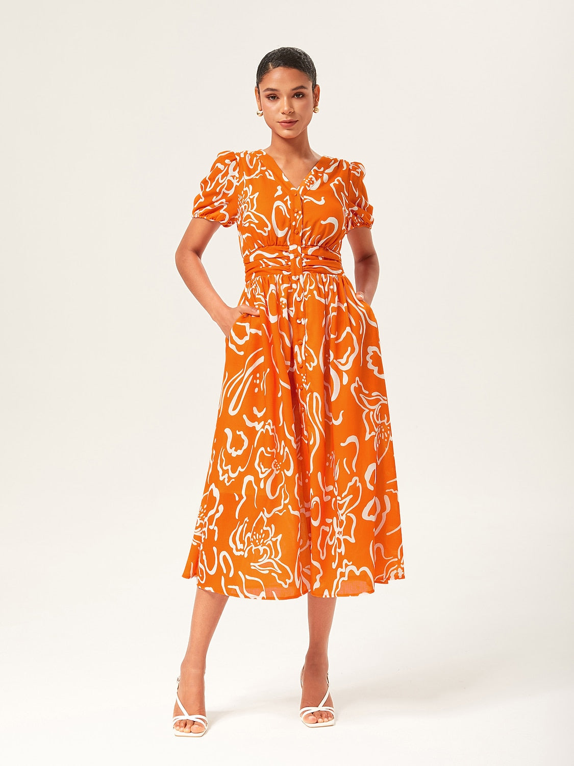 Abstract art print Linen-Like Fabric Waist-Cinching Maxi Dress