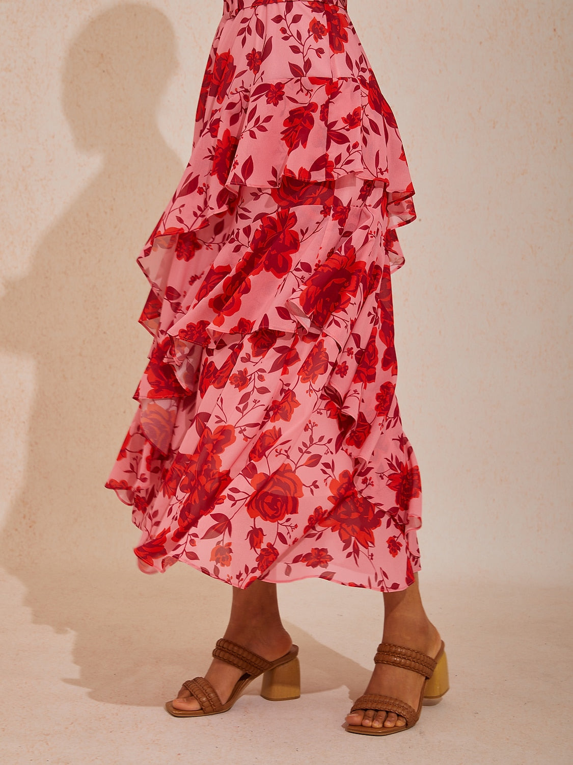 Vacation Pink Floral Waist-Cinching Sleeveless Chiffon Maxi Dress