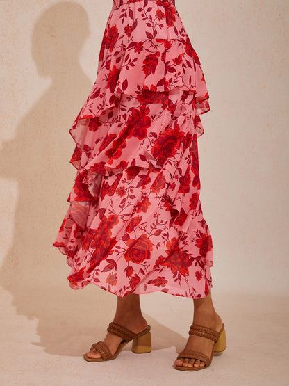 Vacation Pink Floral Waist-Cinching Sleeveless Chiffon Maxi Dress