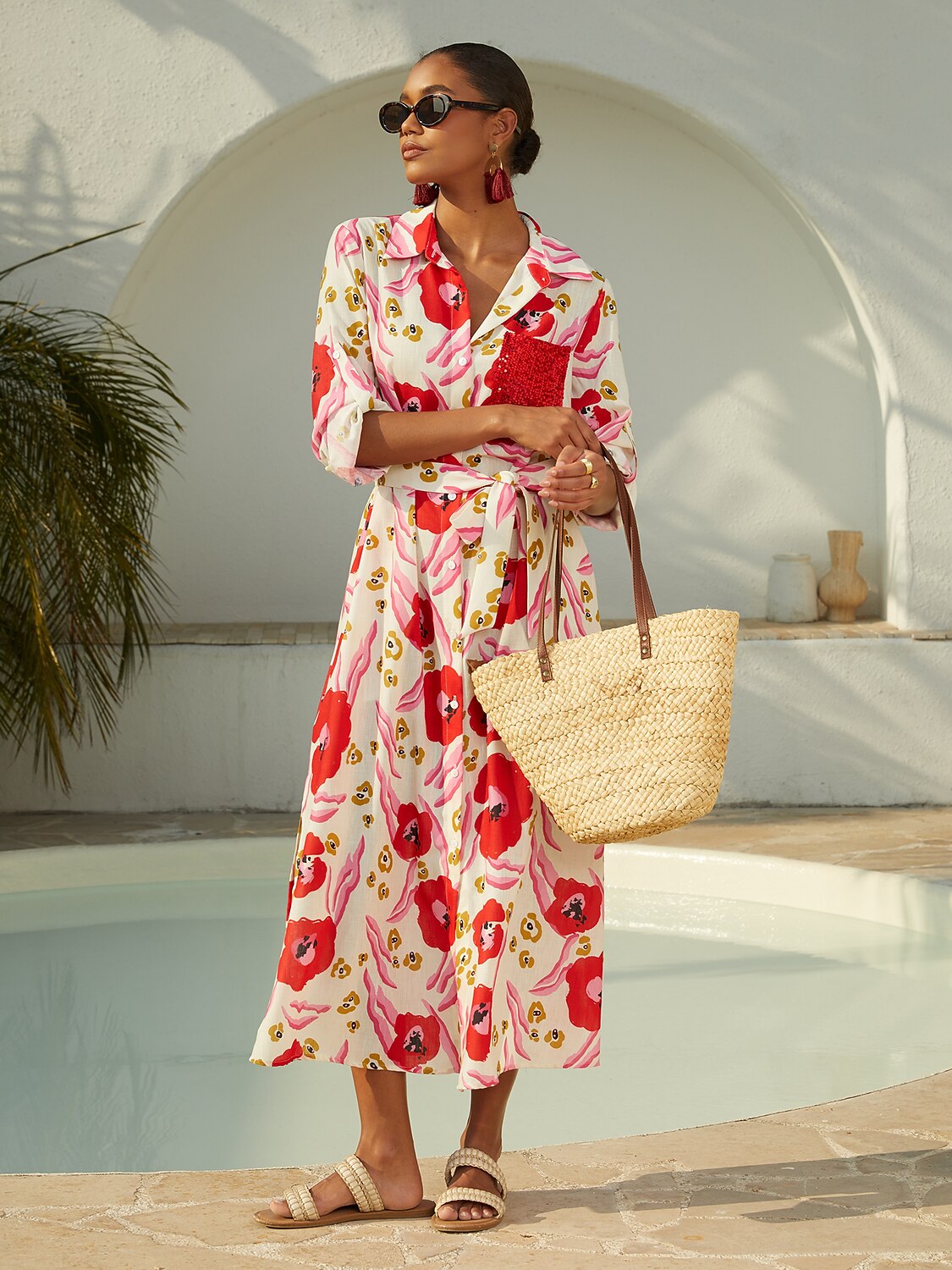 Vacation Blue Floral Straight Linen-Like Shirt Dress