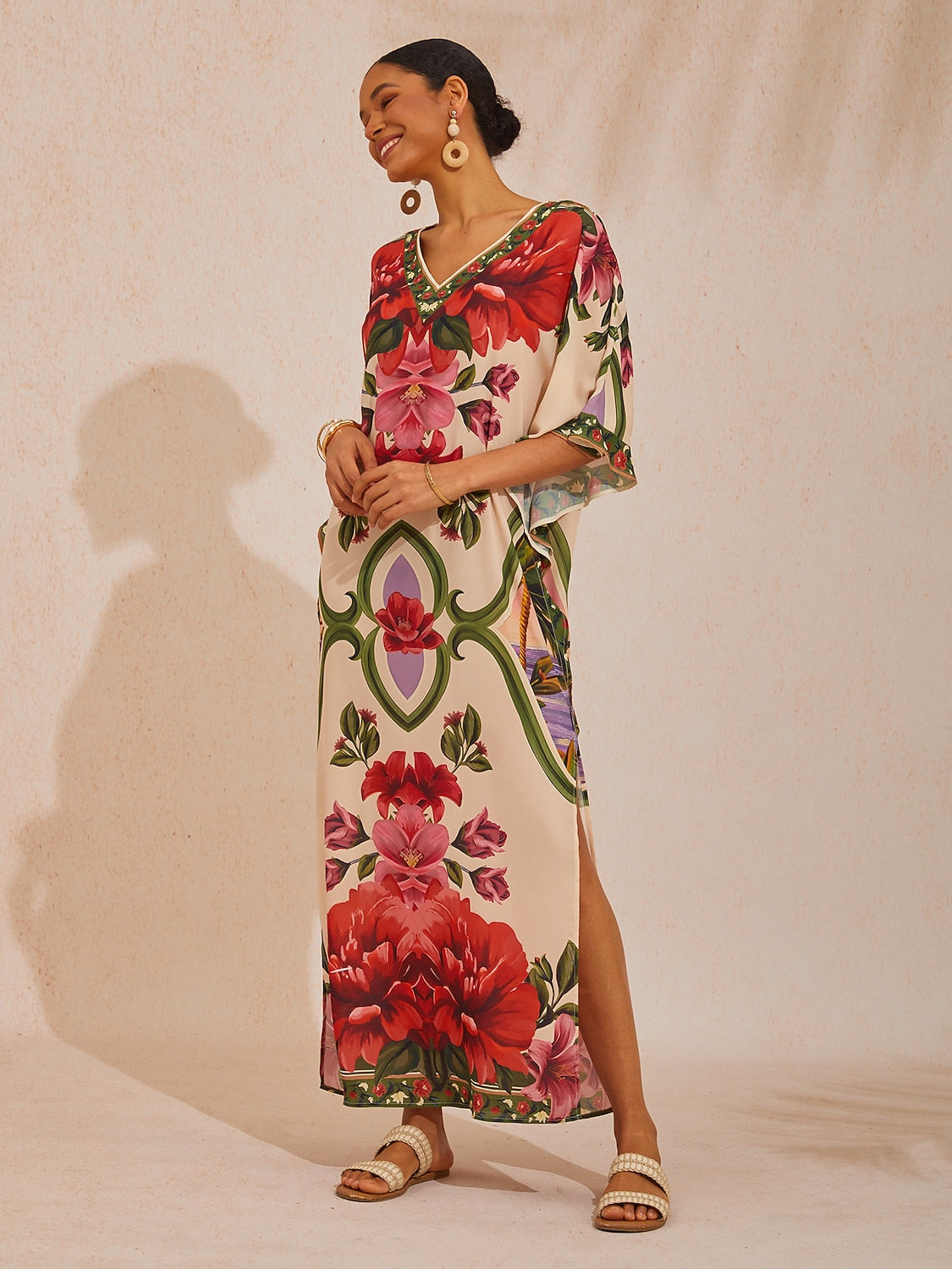 Vacation Placement Floral Batwing Sleeve Chiffon Maxi Dress