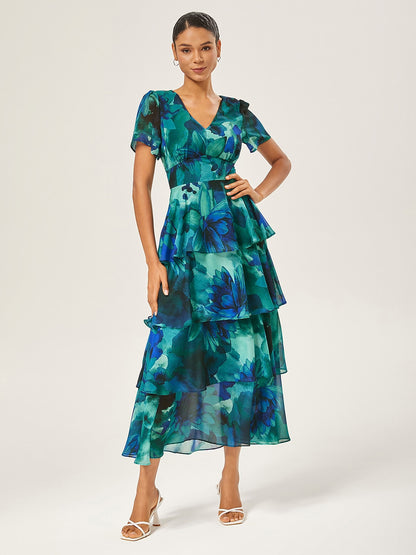 Floral Chiffon Maxi Dress A Line Tiered Ruffle Cake