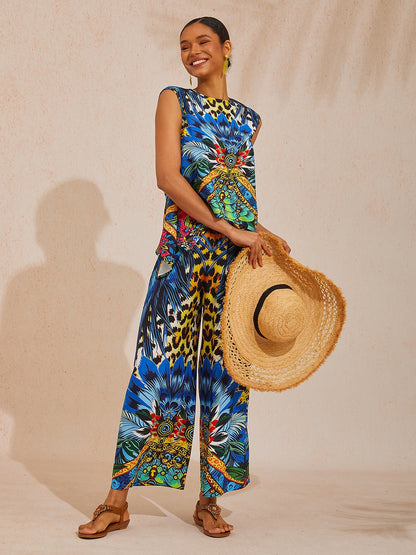 Vacation Leopard Feather Print Elastic Waist Satin Straight Pants