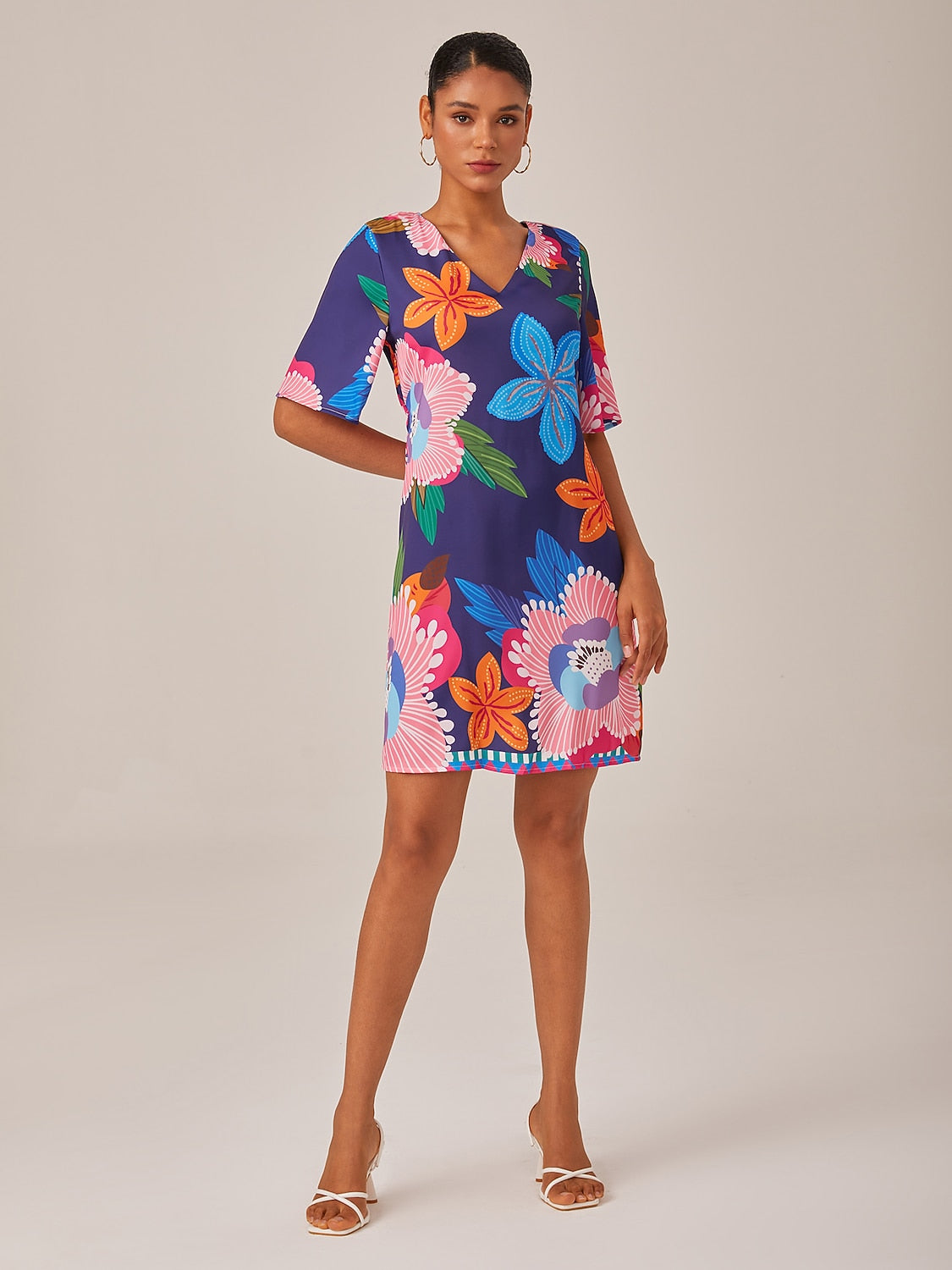 Satin Mini Dress  Floral Print Straight Fit Slimming Elastic Back     Dress