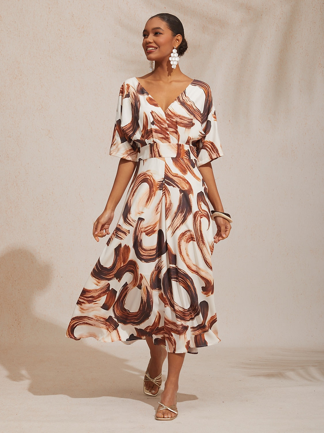 Vacation Abstract Brushstroke Print Waist Cinching Satin Maxi Dress