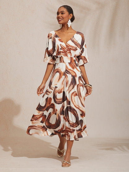 Vacation Abstract Brushstroke Print Waist Cinching Satin Maxi Dress