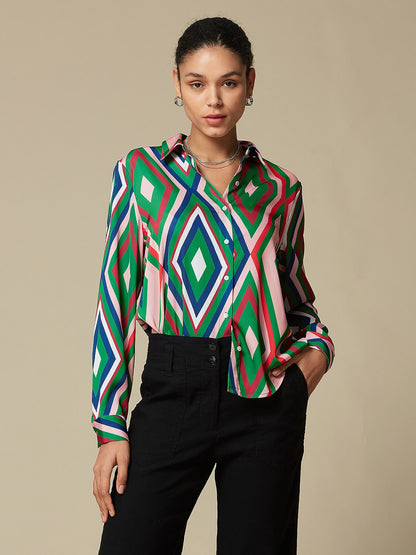 Satin Geometric Print Casual Shirt