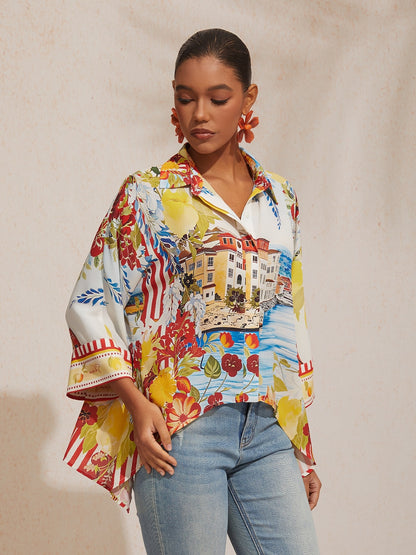 Vacation Scenic Floral Print Dolman Sleeve Chiffon Short Shirt