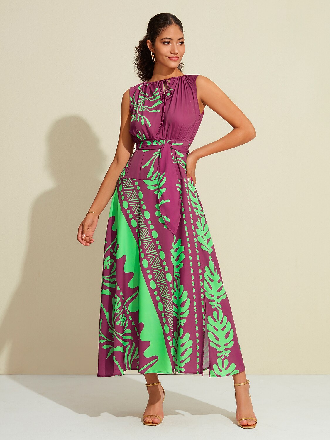 Satin Sleeveless Plants Print Vacation Belted Maxi Dress