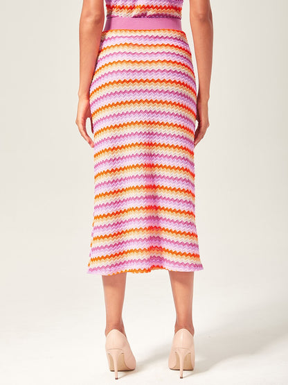 Orange Knitted Stretch Color Block Skirt