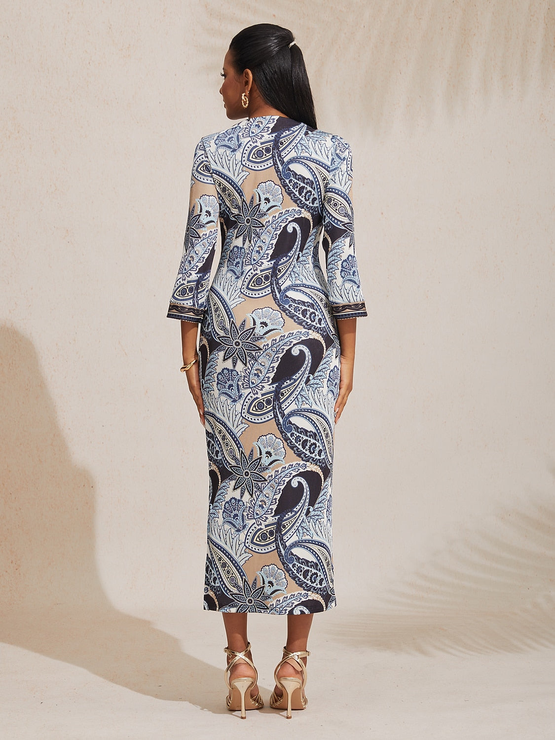 Knit Stretch Fitted Paisley Print Maxi Dress Vacation