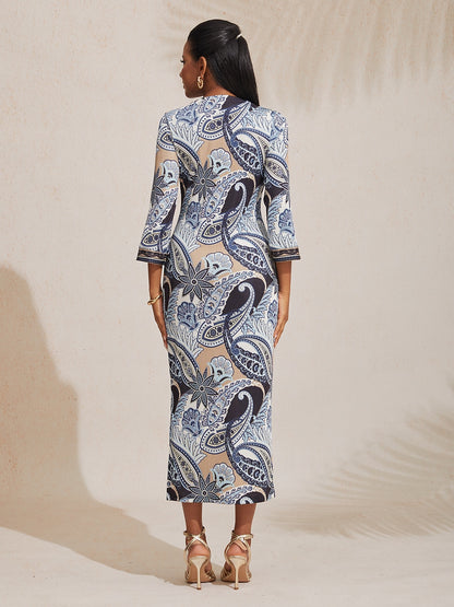 Knit Stretch Fitted Paisley Print Maxi Dress Vacation