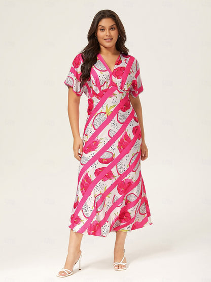 Satin Dragon Fruit Stripes Print Vacation Batwing Maxi Dress