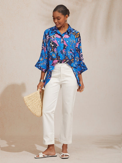 Vacation Color Dot Floral Dolman Sleeve Satin Shirt