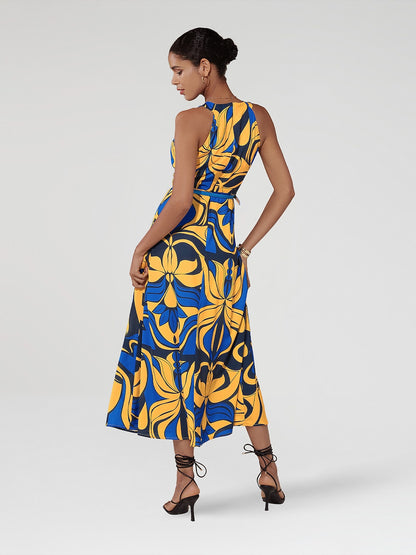 Midi Dress Midi Dress Yellow less Floral Belted Printing High Pattern Dress